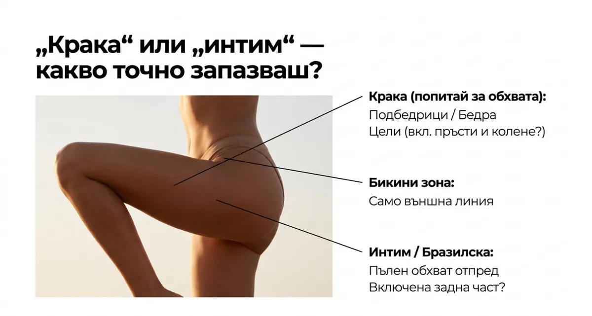Инфографика какво да уточните при кола маска за крака, бикини зона, интимна и бразилска зона