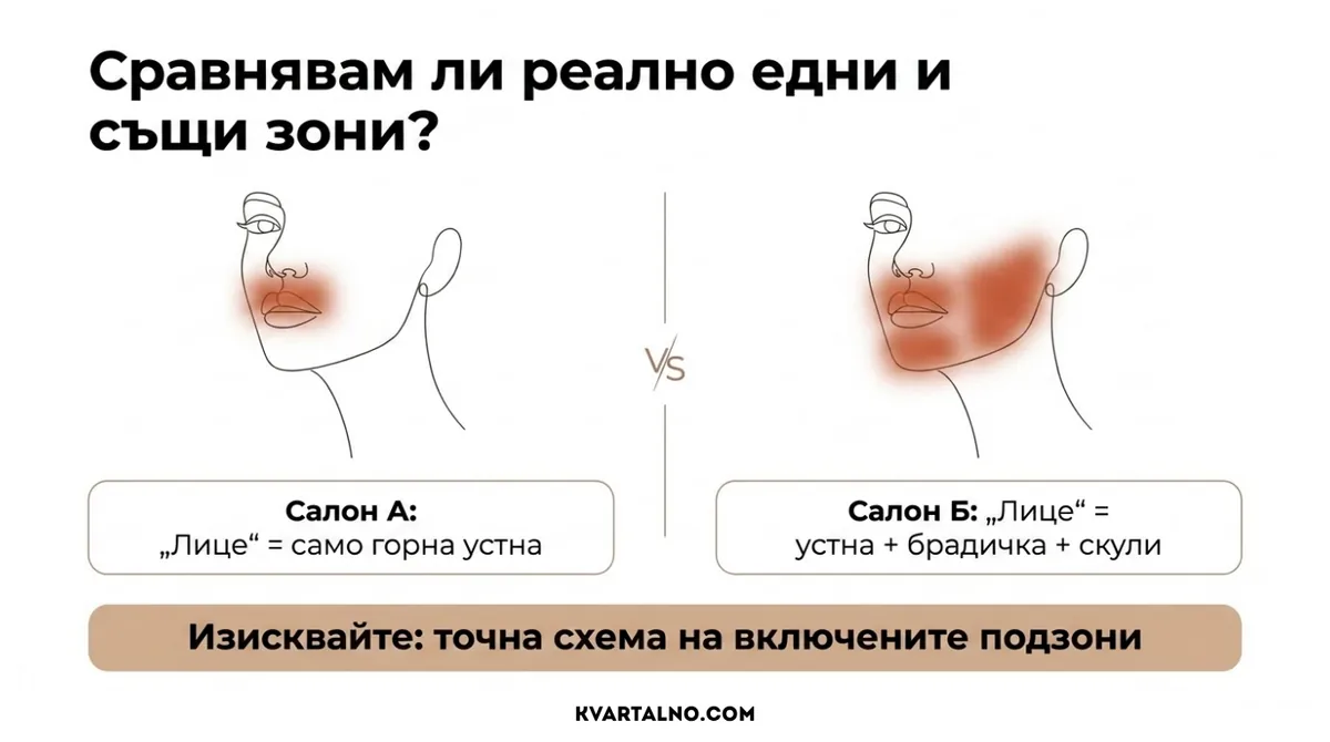 Инфографика как да сравнявате еднакви зони и обхват при цени за лазерна епилация