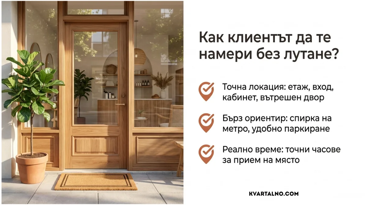 Инфографика за точна локация, ориентири и работно време в профил на козметик